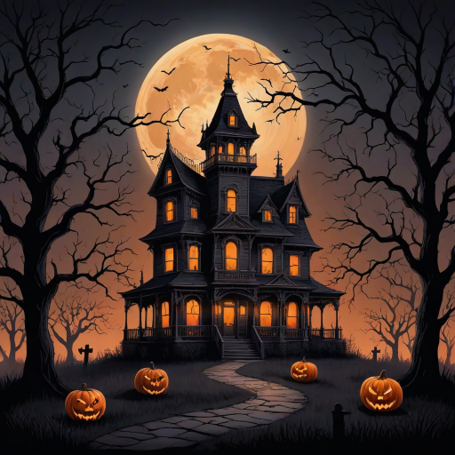 Create an illustration of a dark, Victorian-style haunted house set against a full moon. The house should be intricate, surrounded by twisted, barren trees, and evoke a spooky Halloween atmosphere. Above the house, include the word "Halloween" in a bold, orange gradient font. Use a ghostly, eerie style to bring the scene to life.
