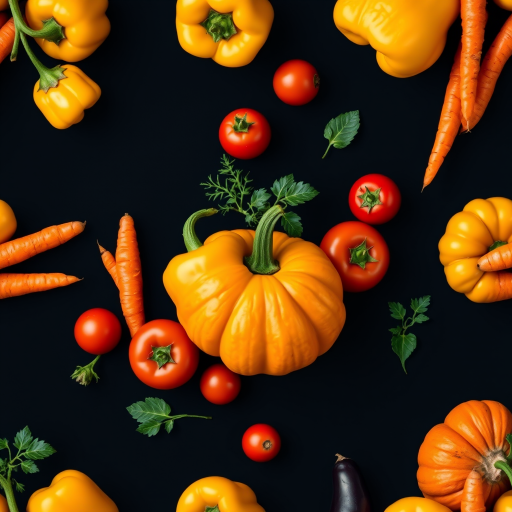 Create a seamless pattern of colorful vegetables including yellow bell peppers, carrots, tomatoes, eggplants, and pumpkins on a black background, captured with a Canon EOS R5, 50mm lens, f/8 aperture, ISO 100, overhead flat lay view, high saturation and contrast for vibrant colors.