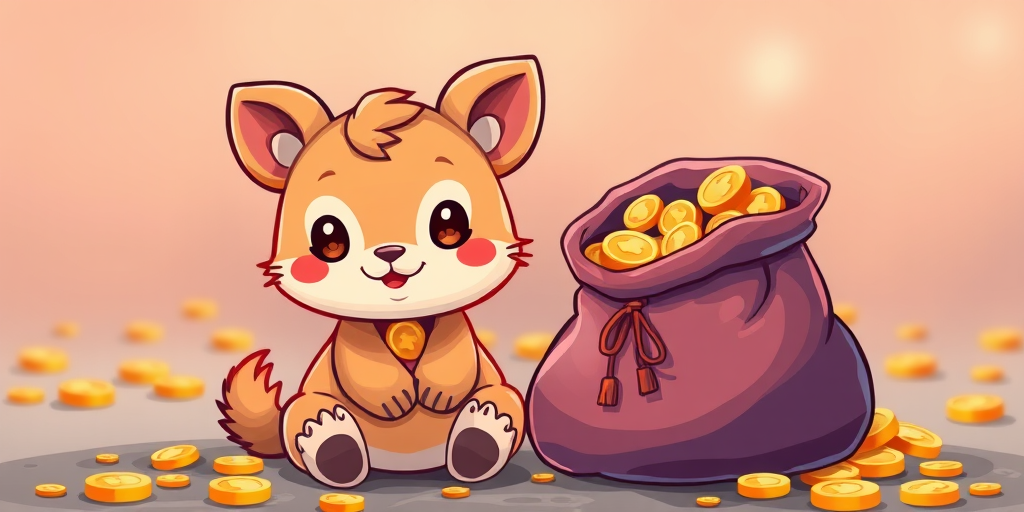 Illustrate a cute, cartoon-style animal sitting beside a bag filled with golden coins, vivid colors, with a focus on smooth textures and playful expressions, using a DSLR camera with a 50mm lens at f/2.8, ISO 100, and a shallow depth of field to enhance the details.