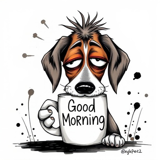 A quirky, artistic illustration of a disheveled bagle hound dog breed with exaggerated, large eyes and spiky fur, holding a coffee mug that reads "Good Morning". The dog has a tired but humorous expression, with ink splatters and abstract details surrounding it, giving a whimsical feel to the image. The color palette is mostly monochrome with hints of red in the eyes and steam rising from the mug, enhancing the overall sleepy vibe