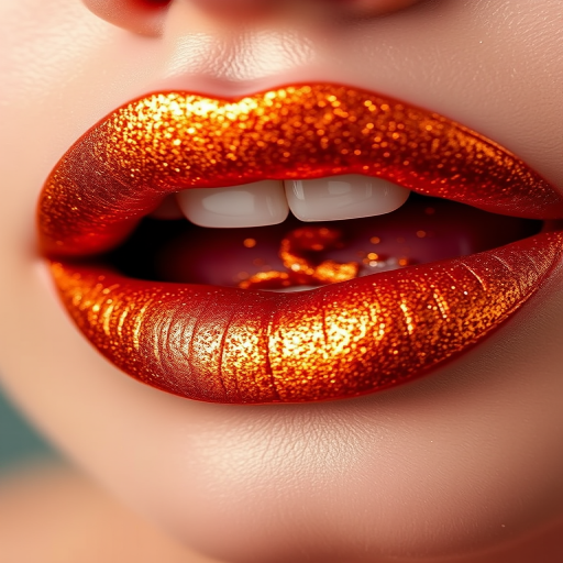 Glittery copper "Sunburst Spark" lip powder with a metallic finish, transforming into a smooth, molten metal look when applied to the lips