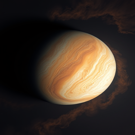 Create a highly detailed image of a swirling cloud-covered planet similar to Jupiter with vibrant orange and brown hues, captured with a Canon EOS R5, 50mm lens, aperture f/1.8, ISO 100, in a low-angle view for a dramatic effect.
