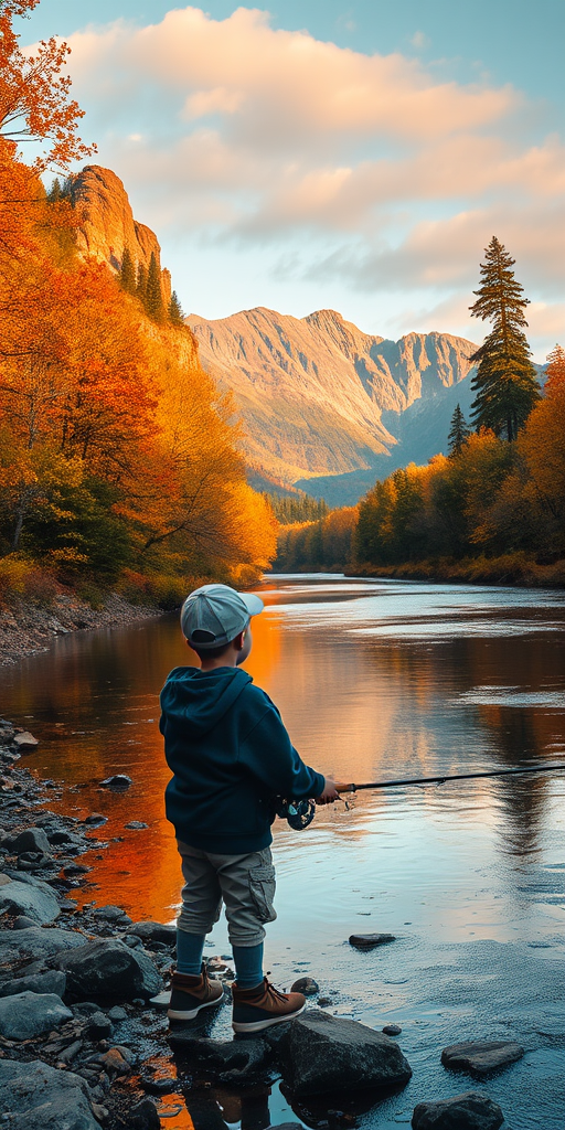 landscape of a boy fishing by a serene river surrounded by autumn trees and mountains in the background, vibrant colors, golden hour lighting, shot with a DSLR camera at f/8, 1/125s, ISO 200, wide-angle lens 24mm, high dynamic range to enhance details and colors