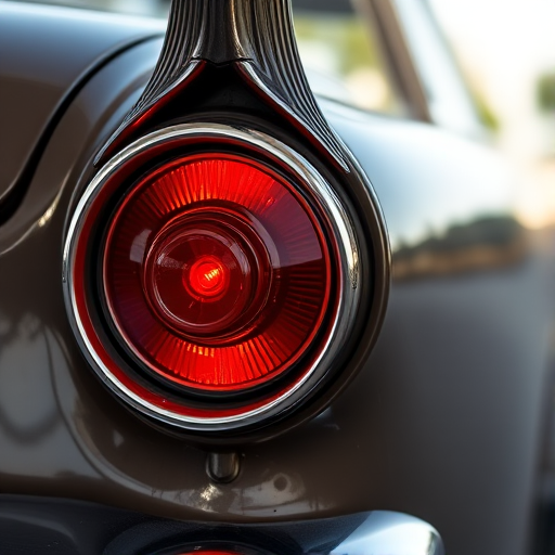 Close-up shot of classic car tail lights with reflections, f-stop 2.8, shutter speed 1/200, ISO 100, 50mm lens, natural lighting, shallow depth of field, DSLR camera.