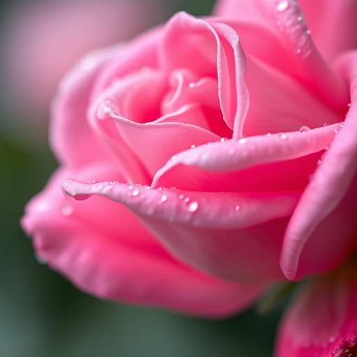 close-up of a pink rose with dewdrops, soft focus background, ISO 100, f/2.8, shutter speed 1/200, macro lens, natural light, DSLR camera