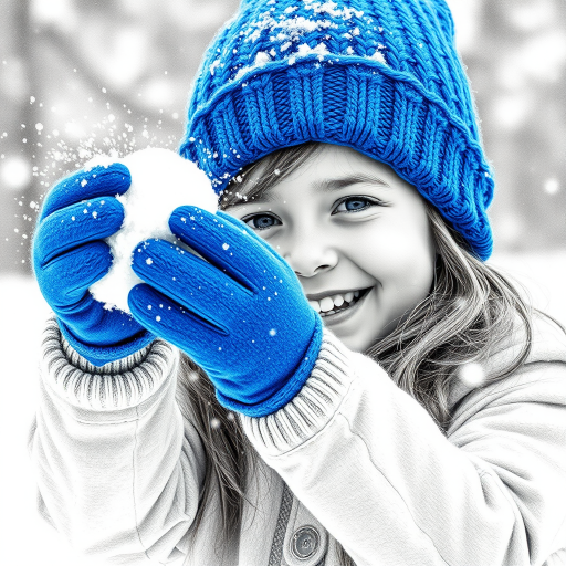 A hyperdetailed photorealistic macro image black and white pencil sketch of a young girl getting hit by a snowball during a snowball fight. She is wearing a brilliant sapphire blue wool beanie and bright blue mittens. She is trying to block the snowball by putting her hands up. The snowball hits her beanie and disintegrates into myriad tiny snowflakes caught with high speed photography. The girl is laughing and having a wonderful time.