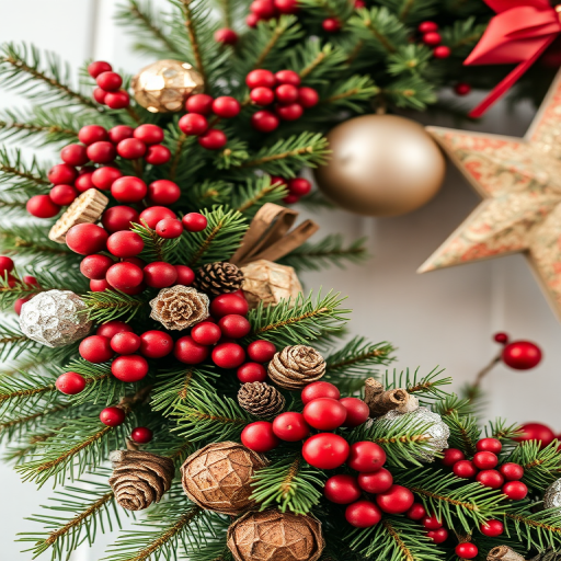 regenerate a vibrant and detailed image of a Christmas wreath adorned with pine, berries, and various decorative elements; use a macro lens at f/2.8, ISO 100, 50mm focal length, shot in natural soft light from a 45-degree angle to enhance texture and color depth
