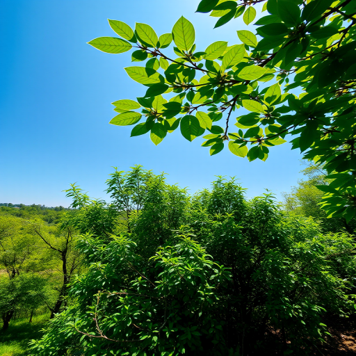 Create a high-resolution image of a serene landscape with lush greenery and a clear blue sky, captured with a Canon EOS R5 at 24mm, f/8, ISO 100, using a wide-angle lens in natural light for vibrant colors and sharp details.