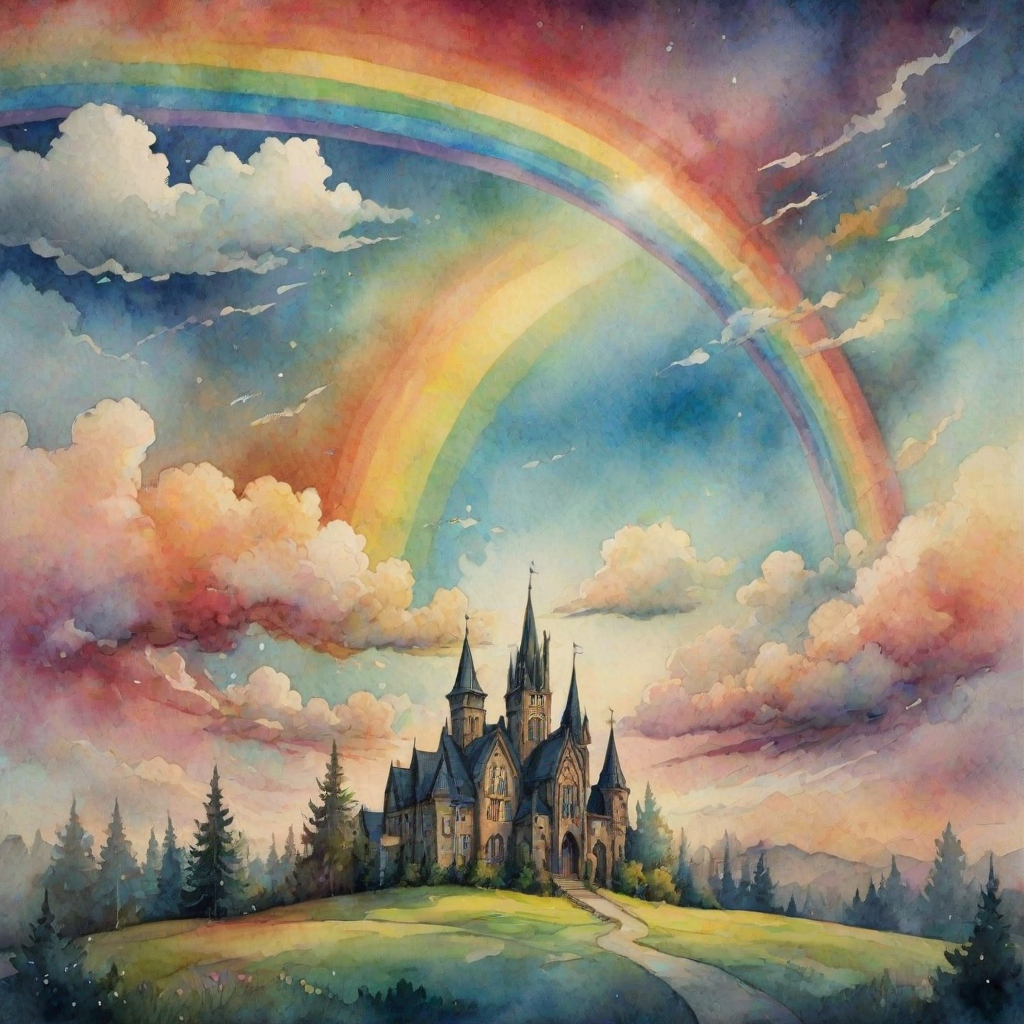 A whimsical and surreal sky with a vibrant rainbow, featuring dramatic lighting effects and a textured watercolor background, with a touch of gothic aesthetic.