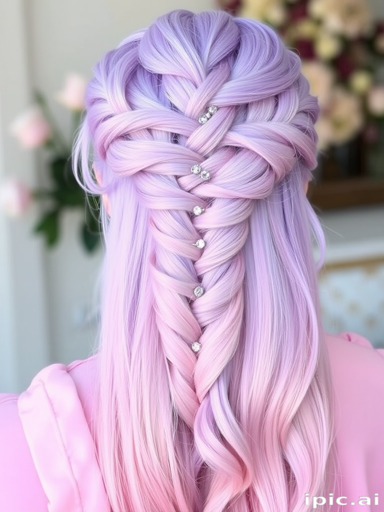 Ethereal lavender strands blend seamlessly into soft pink ends, forming a delicate waterfall braid crowned with sparkling crystal hairpins, showcasing the enchanting "Fairy Whisper" hairdo