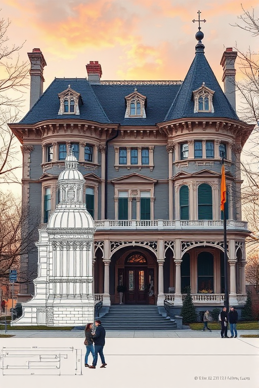 Create a high-resolution image of a detailed architectural drawing blended with a realistic photo of a Victorian mansion, using a Canon EOS R5, 24mm lens, f/8 aperture, ISO 100, shot at sunrise for warm lighting and enhanced color contrast, capturing both the intricate design and the lively scene of people interacting in front of the building.