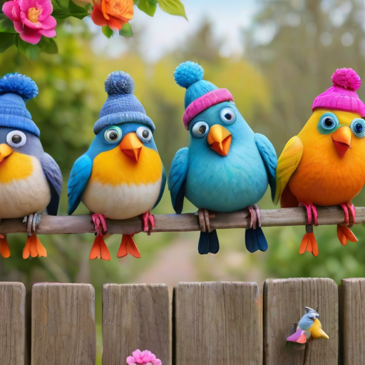 create a scene of 4 quirky  whimsical colourful comical birds each with a funny expression. they are sat on a wooden fence with colourful flowers. they are all different sizes. each one is a different colour  one is wearing a woolly hat. Each one has a different quirky google expression and there is a muted background of trees watercolour paintierly style high definition 8k resolution 3D paper mache