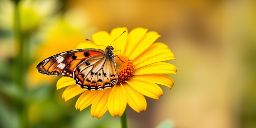 Generate an image of a butterfly perched on a vibrant yellow flower. The butterfly should have intricate patterns on its wings, showcasing a mix of orange, black, and white colors. The flower should have a large, round center with petals that radiate outward, capturing the essence of a sunny garden. The background should be softly blurred to emphasize the butterfly and flower.