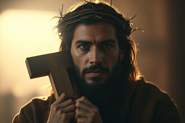 Create a dramatic portrait of a man with a crown of thorns, holding a wooden cross, with soft backlighting to create a halo effect around his head, shot with a Canon EOS R5 at f/1.8, ISO 100, 85mm lens, in a cinematic style with a focus on emotional depth and rich textures.