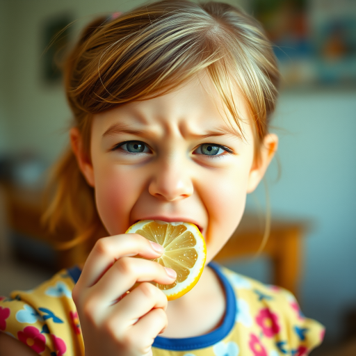 A candid photograph of a young girl biting into a slice of lemon. Her face is scrunched up from the sour taste, capturing a moment of surprise and playfulness. She has light brown hair, tied back in a ponytail, and wears a casual, colorful top. The background is softly blurred, keeping focus on her expression and the lemon slice. Natural lighting illuminates her face, highlighting her reaction with a soft, warm tone. The image has a bright and cheerful atmosphere, with a high contrast. The photo was captured with a 50mm lens and shot on Kodak Portra 160 film.