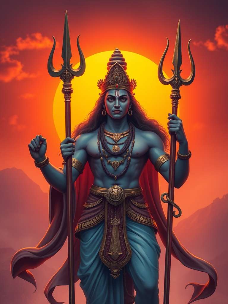 Create a high-resolution digital illustration of a majestic figure holding a trident, styled as a Hindu deity, with a vibrant orange sun setting in the background, using a DSLR camera with a 50mm lens, f/1.8, ISO 100, and a shallow depth of field to enhance the details and colors.