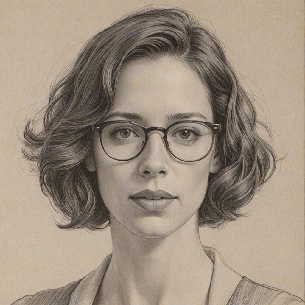 Radiant Rebecca Hall, pencil sketch, portrait of Beauteous woman 1926s in glasses, hair style beatnik, outline, clear lines, fine lines, 8k