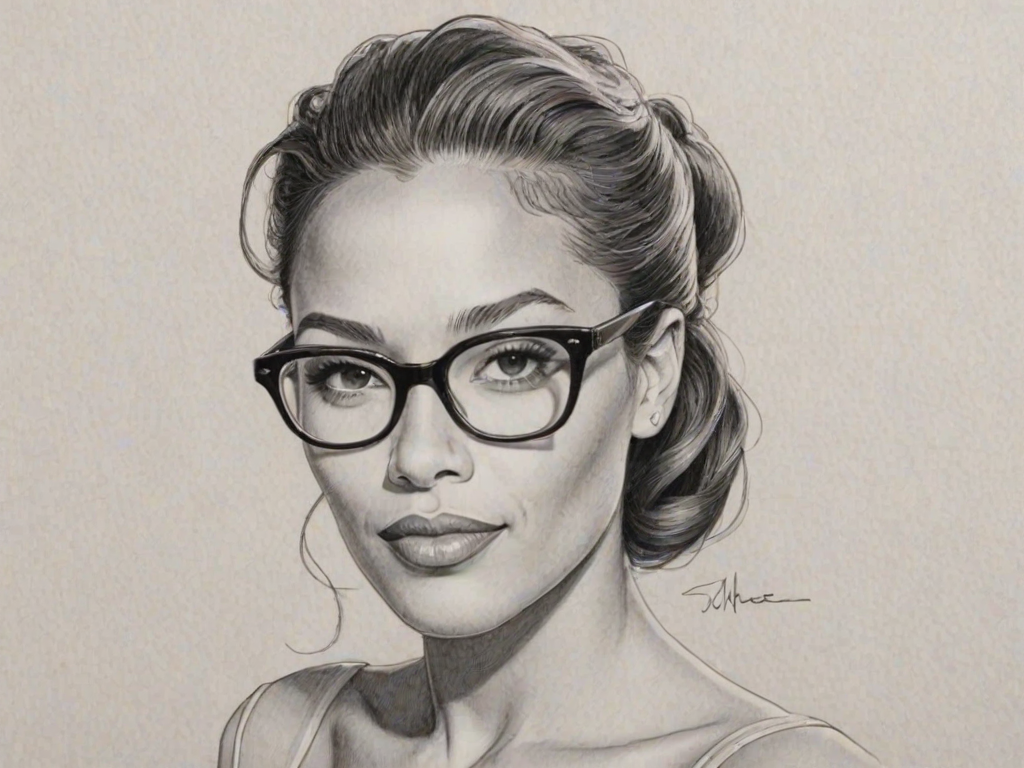Dazzling Michael Michele, pencil sketch, portrait of Sublime woman 1951s in glasses, hair style beatnik, outline, clear lines, fine lines, 8k