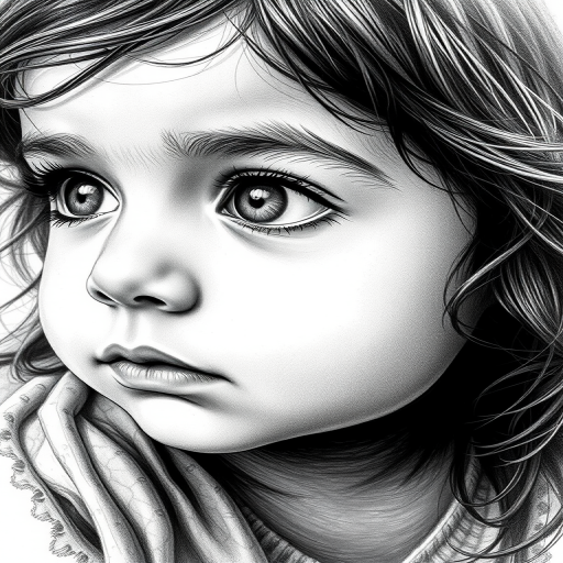 A hyperdetailed photorealistic black and white sketch of a beautiful toddler with deep white eyes, with a macro focus