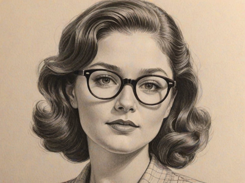 Gorgeous Emma Kenney, pencil sketch, portrait of Ravishing woman 1954s in glasses, hair style beatnik, outline, clear lines, fine lines, 8k