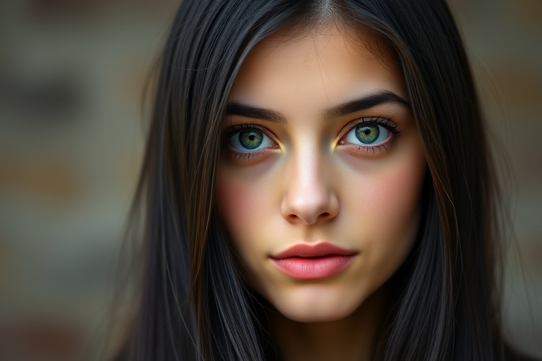 Portrait of a young woman with long black hair and striking green eyes, front view, shot with a DSLR camera at 85mm, aperture f/1.8, ISO 100, natural lighting, focus on facial features, soft background blur.