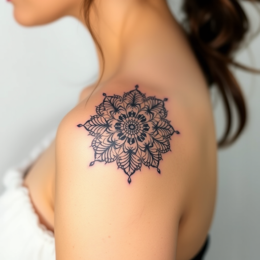 Delicate white ink mandala tattoo adorning the shoulder, incorporating lace-like patterns and intricate floral motifs, visible only in certain lighting for a subtle and elegant appearance