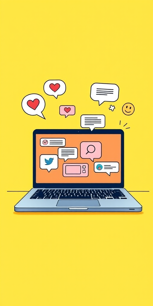 design a digital illustration of a laptop displaying social media interactions, featuring speech bubbles with emojis and icons, on a vibrant yellow background, using a Canon EOS R5 camera with a 50mm lens, aperture f/1.8, ISO 100, and natural soft lighting for enhanced clarity and detail