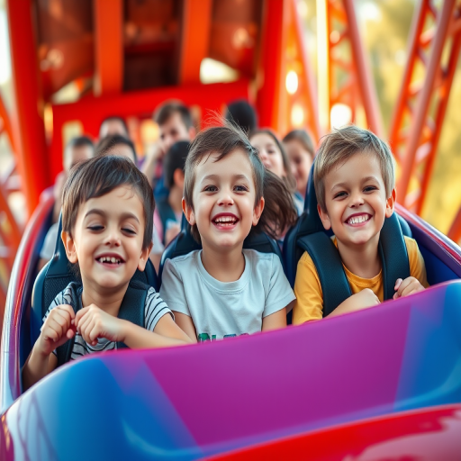 capture a joyful scene of children on a roller coaster with big smiles, use a 50mm lens, aperture f/1.8, shutter speed 1/500s, ISO 200, natural light, portrait mode, shallow depth of field, warm colors, high resolution