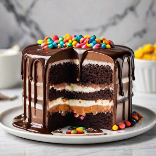 Create an image of a layered cake with a smooth white frosting, topped with chocolate ganache dripping down the sides. The cake should be decorated with colorful sprinkles around the bottom and a ring of decorative frosting on top. The background should be a simple marble surface to highlight the cake.