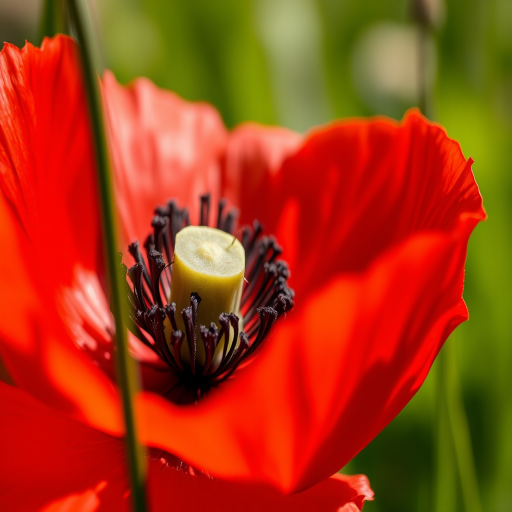 Regenerate the image of a vibrant red poppy flower with intricate details, using a Canon EOS 5D Mark IV, 50mm f/1.8 lens, aperture f/2.8, ISO 200, in natural daylight, with a shallow depth of field to emphasize the flower's textures and colors.