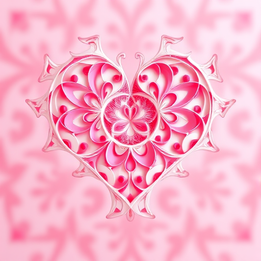 create a detailed fractal heart design featuring intricate patterns and shades of pink and white, captured with a 50mm lens at f/2.8, ISO 100, and a soft focus background to enhance the depth and detail, illuminated with soft natural light.