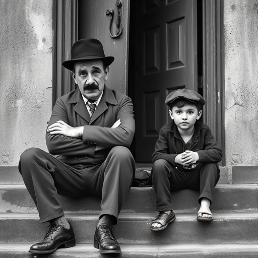 A black-and-white photograph of a man and a child sitting on steps in front of a doorway. The man is dressed as a tramp with a bowler hat, mustache, and ragged clothes, reminiscent of Charlie Chaplin's iconic look. He is sitting with his arms crossed and an expression of slight sadness or frustration. Next to him is a young boy, also in worn clothes and a cap, sitting with his hands clasped, looking thoughtful. The background is an old, textured wall and a partially open door, creating a vintage, early 20th-century atmosphere.