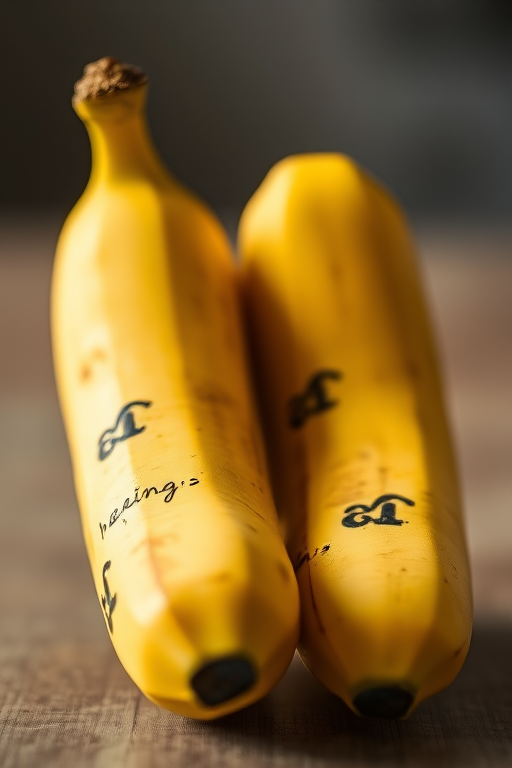 Create a high-resolution image of two ripe bananas overlapping slightly, with a soft focus background and vibrant colors, shot with a DSLR camera at an aperture of f/4, ISO 100, 50mm lens, in natural light.