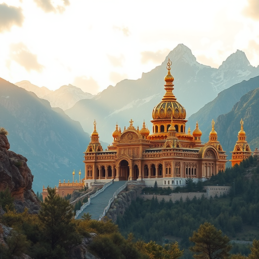 Create a fantasy landscape featuring an ornate golden palace with intricate architecture, surrounded by majestic mountains and luminous skies, captured in high resolution with a Canon EOS R5, 24mm lens, f/11 aperture, 1/125 sec shutter speed, and a vibrant color profile for enhanced details and dynamic range.