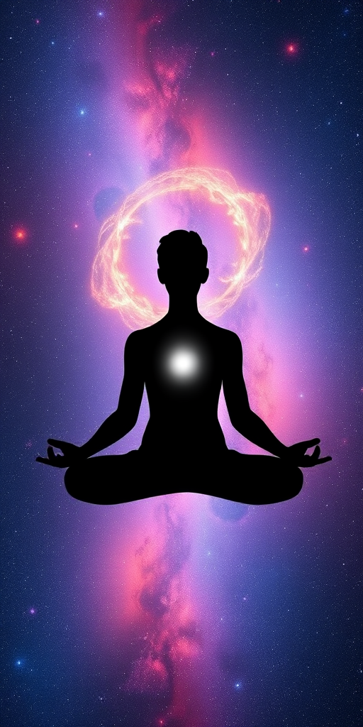 Create a cosmic meditation scene with a silhouette of a person in a lotus position surrounded by a vibrant galaxy, capturing a bright light in the chest area, shot with a Nikon D850, 50mm lens, f/1.8 aperture, ISO 100, and 1/200 sec shutter speed for enhanced clarity and depth.