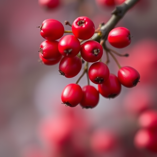close-up of red berries on a branch, shallow depth of field, soft bokeh background, ISO 100, f/2.8, 1/200 sec, 85mm lens, taken with a DSLR camera