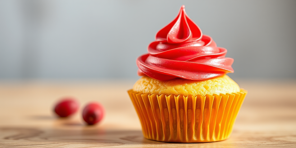 Create a high-resolution image of a cupcake with a fluffy red frosting swirl on top, golden cupcake liner, bright and vibrant colors, captured with a DSLR camera at f/2.8 aperture, ISO 100, 50mm lens, in natural light to enhance texture and detail.