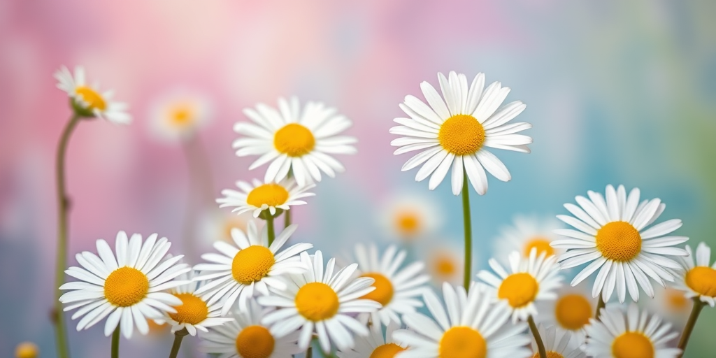 Create a vibrant background with pastel colors, featuring white daisies with yellow centers scattered throughout, using a Canon EOS R5, 50mm lens, f/2.8, ISO 100, and soft focus style.