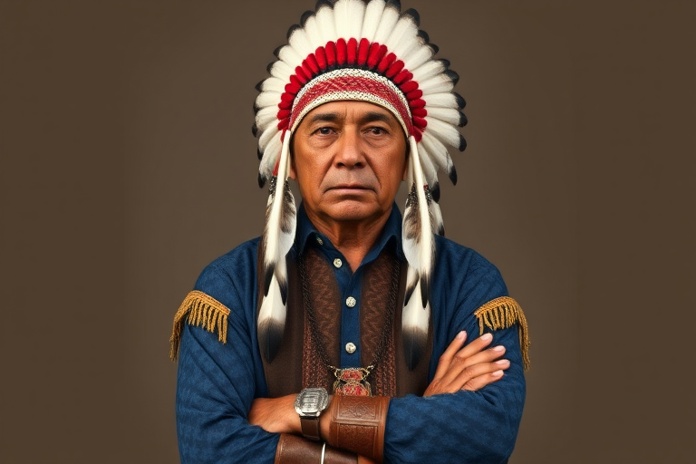Create a dignified portrait of a Native American man dressed in traditional attire. He wears a beautifully crafted headdress adorned with white feathers and red beads, along with a beaded headband featuring intricate patterns. His clothing includes a deep blue, patterned shirt and a traditional chest piece with detailed beadwork. His arms are crossed, displaying leather armbands decorated with feathers. The background is simple and neutral, emphasizing his proud and stoic expression. The overall image captures the rich cultural heritage and strength of his persona.