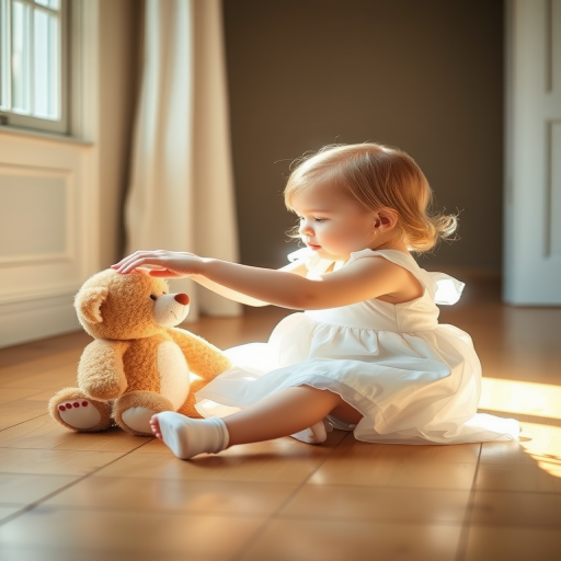 a young girl in a white dress sitting on wooden floorboards, gently reaching out to a soft toy bear, sunlight streaming through a window, natural light, f/2.8, 1/125s, ISO 100, 50mm lens, soft focus, portrait photography