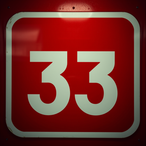 Generate an image of a rectangular sign with a dark red background and large white number 33 centered, using a DSLR camera with a focal length of 50mm, aperture set to f/2.8, ISO 100, and a slight vignette effect for depth.