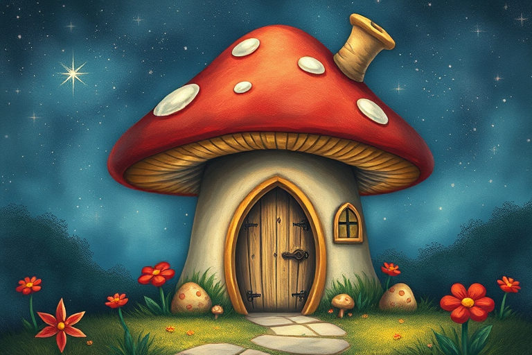 this photo is illustration of a mushroom house with a door and a window, a storybook , fantasy art, mushroom house, bg starry sky, sparkles