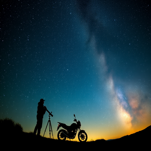 Capture a silhouette of two people stargazing with a telescope and a motorcycle against a vibrant night sky filled with the Milky Way, using a wide-angle lens, ISO 1600, aperture f/2.8, shutter speed 30 seconds, and a tripod to enhance image clarity and detail.