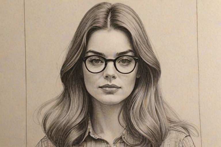 Gorgeous Annie Murphy, pencil sketch, portrait of Superb woman 1972s in glasses, hair style beatnik, outline, clear lines, fine lines, 8k