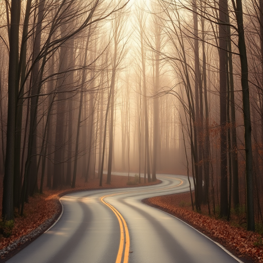 A winding forest road surrounded by bare trees in late autumn, soft morning light filtering through fog, shallow depth of field, ISO 100, aperture f/4, shutter speed 1/200s, DSLR, 50mm lens.