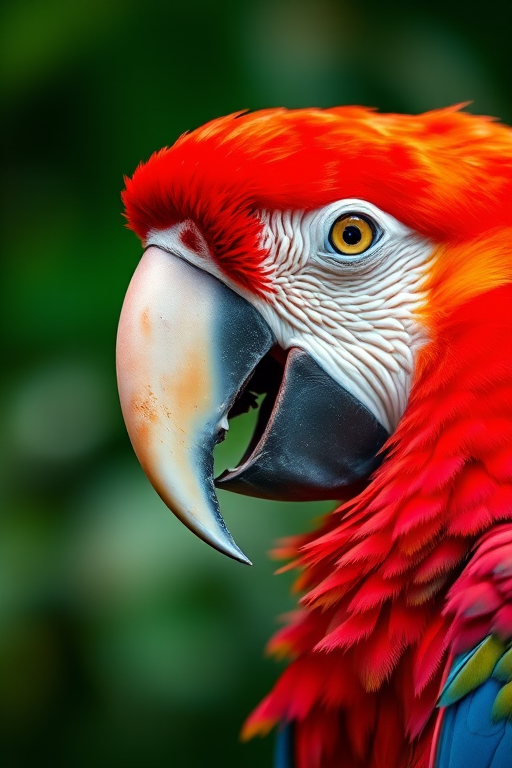 Capture a close-up of a vibrant red macaw with intricate feather details, using a 50mm lens, aperture set to f/1.8 for a shallow depth of field, ISO 200, and natural light to enhance texture and color richness in a natural habitat setting.