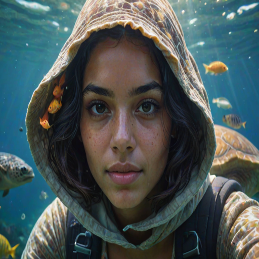 Realistic selfie image of a Tongan, wearing a vintage outfit, detailed dreamy eyes, droopy hooded eyes, staring at the camera, taken underwater at coral reef with a sunbeam filtering through the water, vibrant, summer vacation, natural lighting, turtle and school of tropical fish with vibrant colors, rendered in the style of CryEngine, Pegi Nicol MacLeod, with realistic genre scenes, hauntingly beautiful narratives, ultra-realism, and Thomas Saliot's close-up technique, 8K resolution, crystal clear and sparkling water.