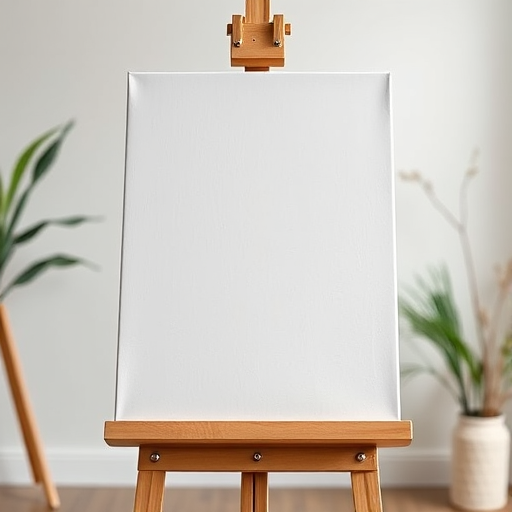 Create a high-resolution image of a blank canvas on an easel with a soft-focus background, shot from a low angle using a DSLR camera with an aperture of f/2.8, ISO 100, and a focal length of 50mm for enhanced clarity and detail.
