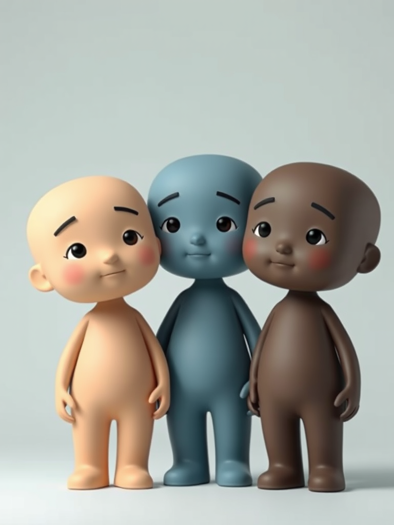 Create a stylized image of three abstract, cartoon-like figures with smooth, rounded edges standing close together, use a 50mm lens, aperture f/2.8, ISO 100, and shoot from eye level with soft lighting to enhance the quality and focus on their expressions.