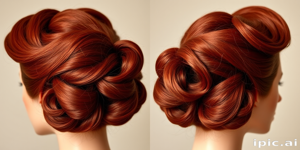 Rich mahogany red hair in a classic 1940s victory roll updo, Vintage Vixen style, featuring glossy waves and perfectly coiffed rolls for timeless glamour